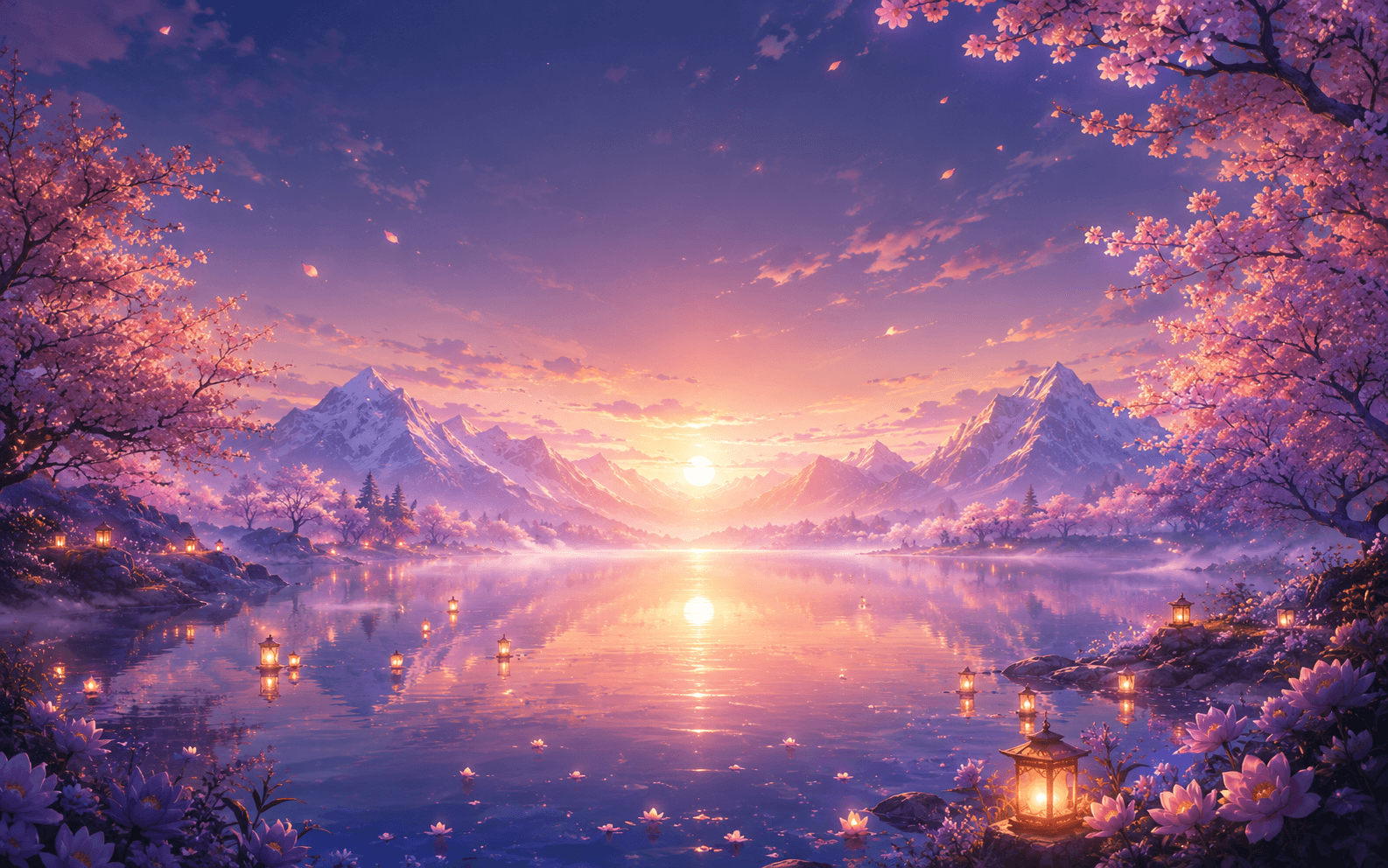 A luminous cherry blossom lake at sunrise for Comfort Zone