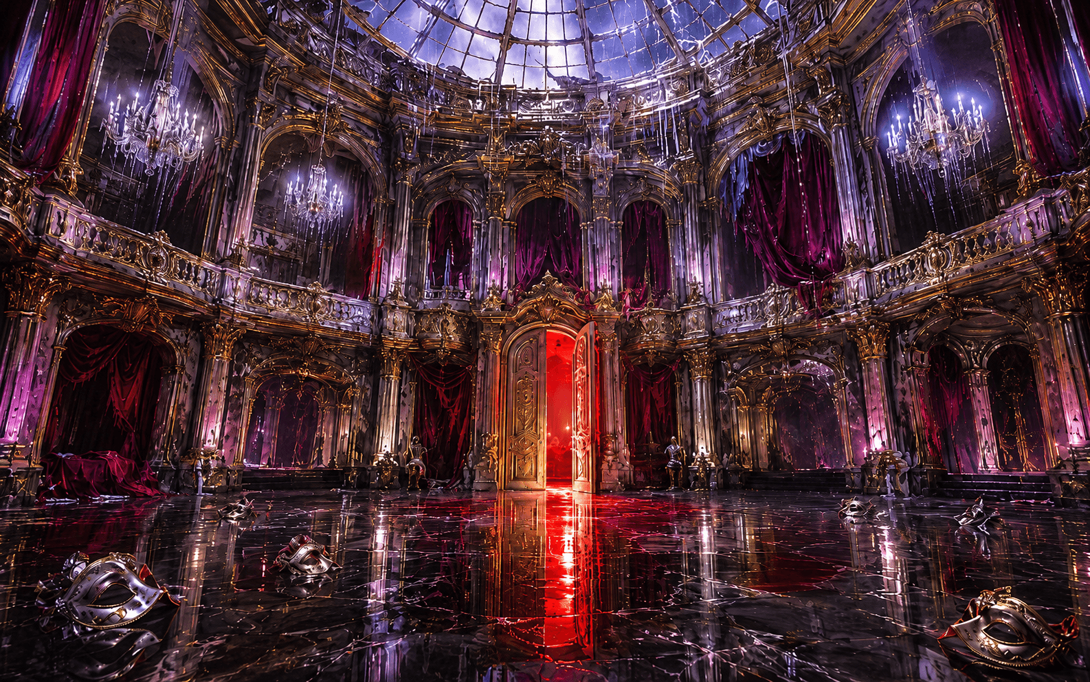 A red-lit doorway inside a dark gothic opera hall for Dark Thrills
