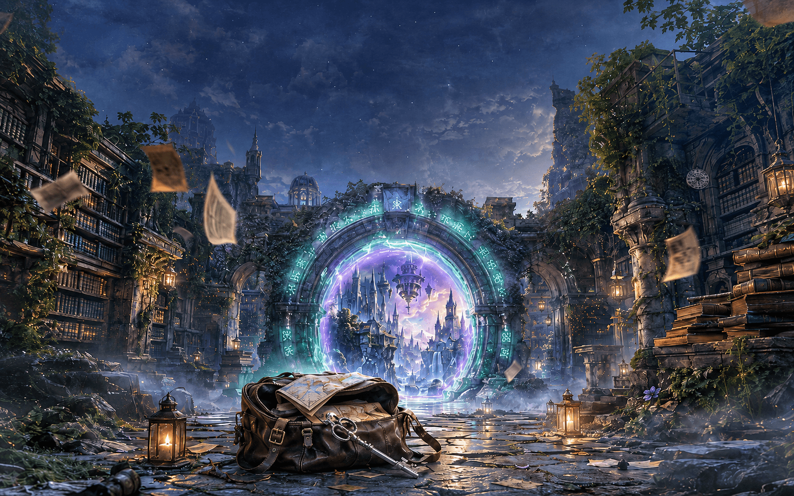 A glowing magical portal in an ancient library courtyard for Fantasy Portal