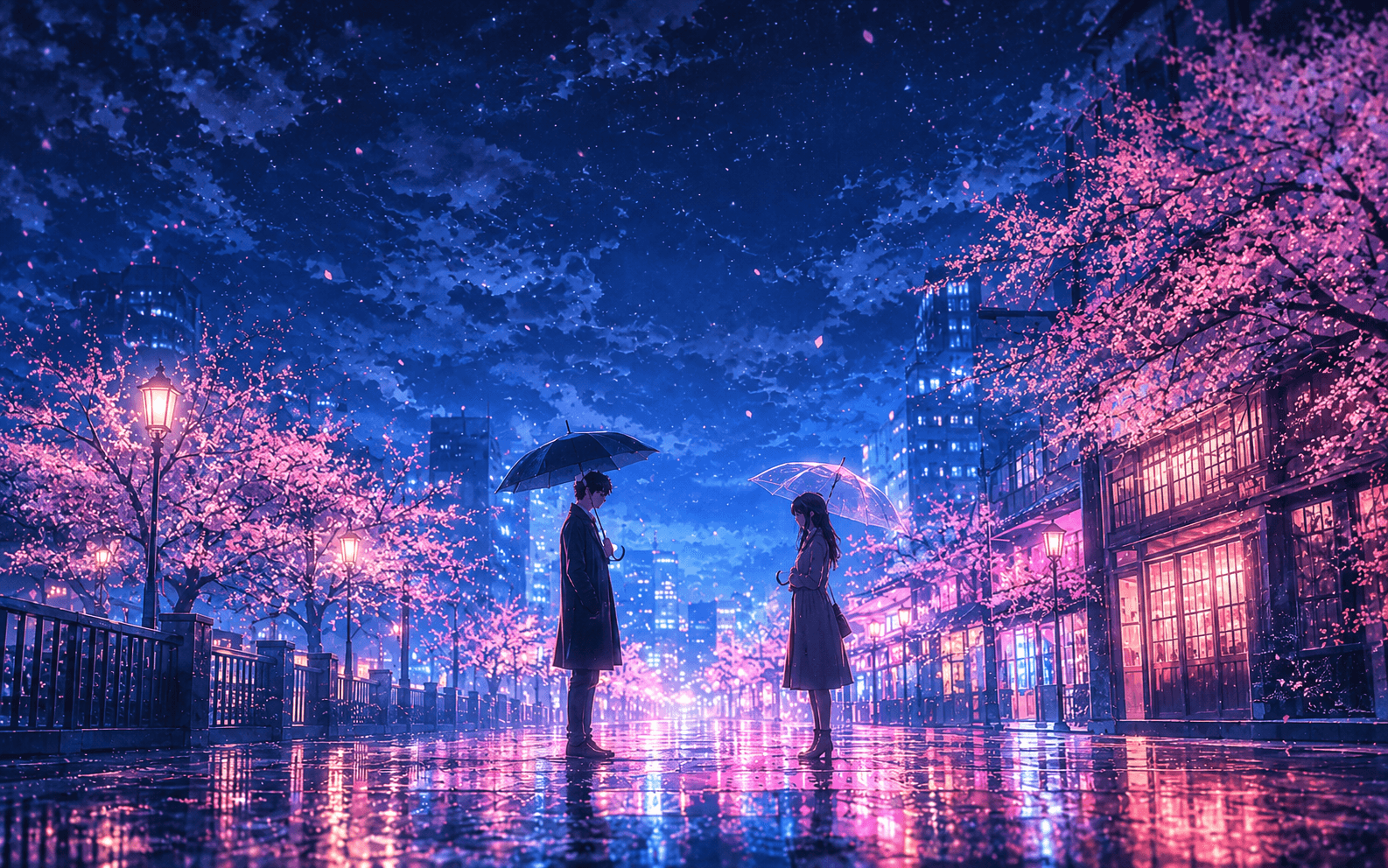 Two silhouettes under umbrellas on a neon cherry blossom street for Slow-Burn Crush
